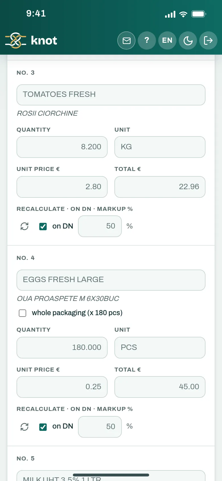 The delivery note lines on a phone: quantity, unit, price and total, each one editable on the spot