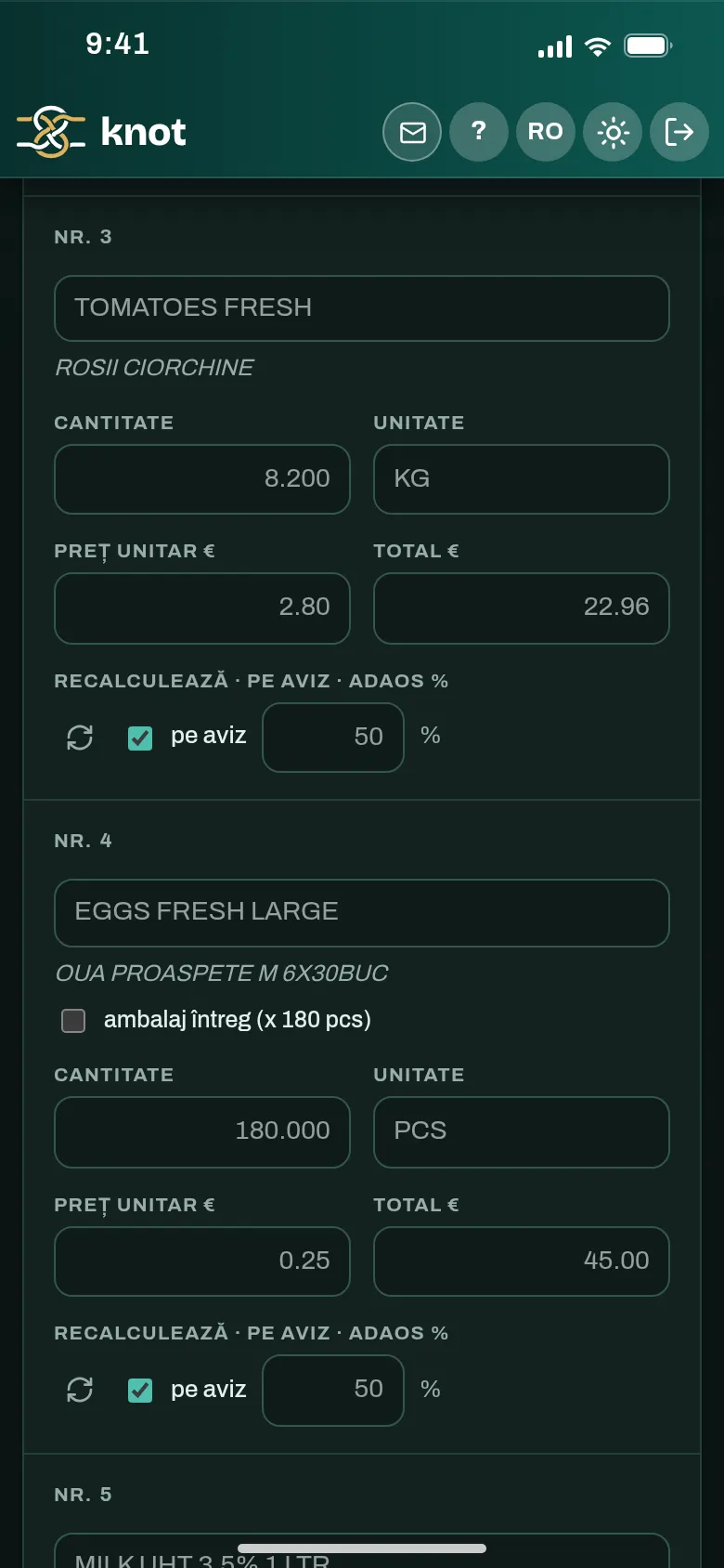 Liniile avizului pe telefon: cantitatea, unitatea, prețul și totalul, fiecare de corectat pe loc
