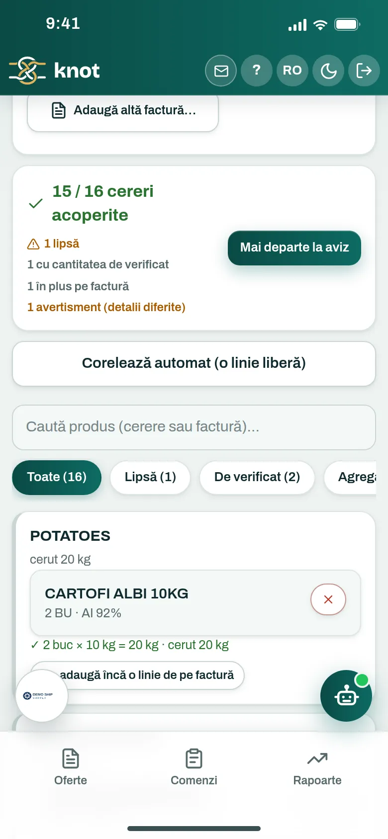 Rezumatul corelării: cereri acoperite, lipsă, în plus și de verificat