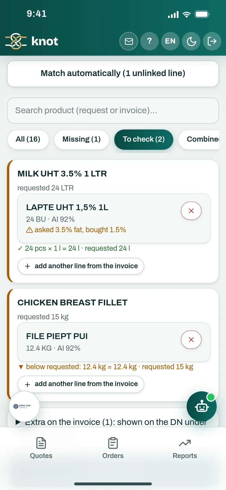 Lines to check: different fat content and less than requested