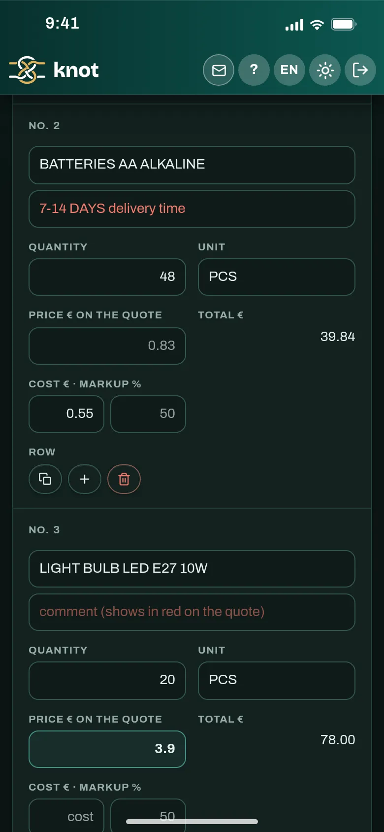 The quote lines on a phone: a comment in red and a price typed in by hand