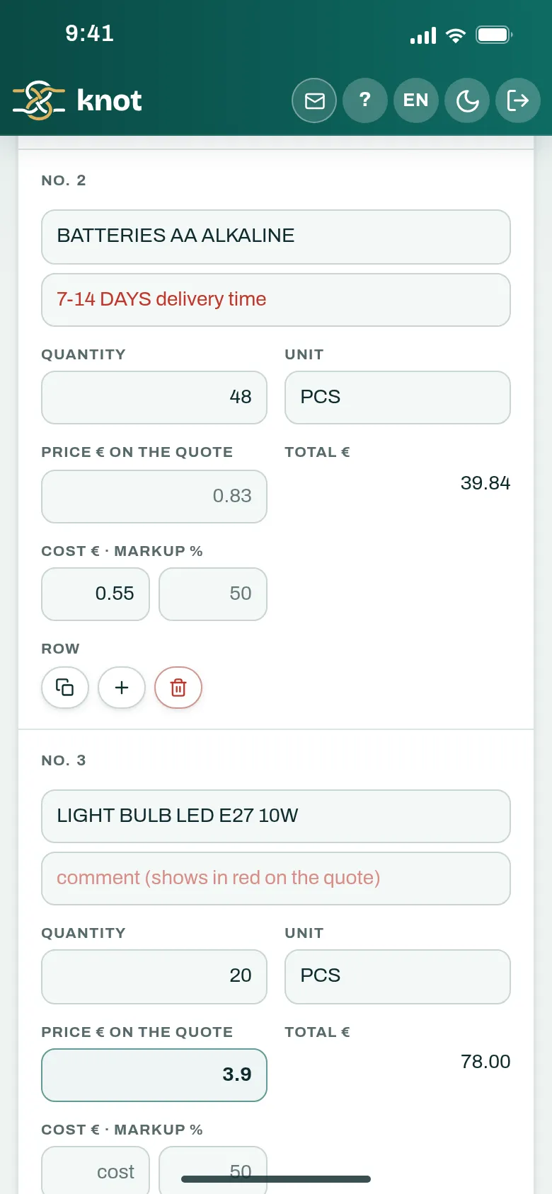 The quote lines on a phone: a comment in red and a price typed in by hand